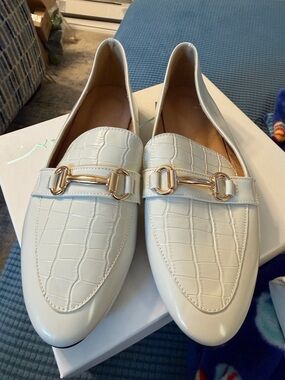 Women’s White Croc-Embossed Loafers with Gold Bit Detail